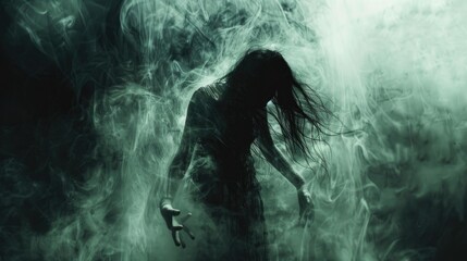 A chilling portrayal of a banshee, as seen through the artistic fusion of documentary, editorial, and magazine photography, set against a dark, atmospheric backdrop