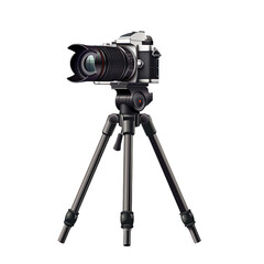 A tripod with a camera attached to it. The camera has a large lens.