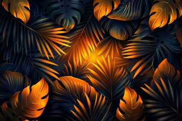 A dark tropical night leaves and foliage seamless pattern modern with an orange line and black background color is suitable for use on fashion fabric and all prints.
