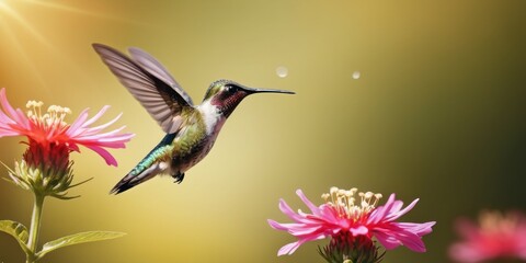 Fototapeta premium This ethereal scene captures a hummingbird's grace as it flits among soft pink flowers, bathed in the gentle sunlight of a tranquil day. The delicate dance of feeding highlights the symbiotic