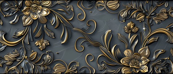 3D golden floral patterns elegantly embossed on a dark, luxurious background, with realistic lighting and shadow effects.