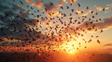 Sunset Symphony: A flock of birds takes flight against a fiery sunset sky, their silhouettes dancing amidst the vibrant hues. 