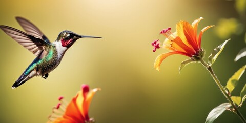Fototapeta premium In a peaceful garden setting, a hummingbird approaches an orange flower, ready to sip its sweet nectar. The soft daylight highlights the fine details and colors of both the bird and the blooming plant