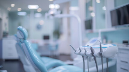 Modern dental clinic with an empty chair in focus, dental instruments alongside, in a bright, clean, and sterile environment, ready for patients. Blurred