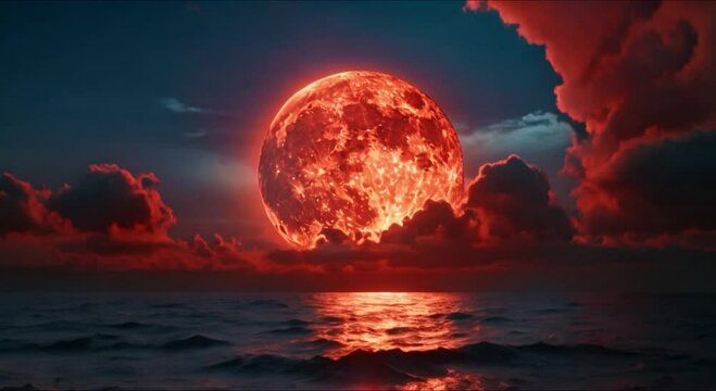 spooky view of thick clouds and red moon in the sea footage