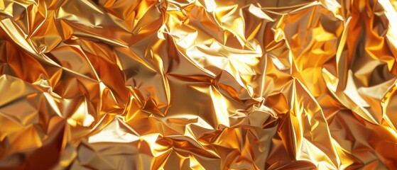 A 3D rendering of crumpled golden foil, with realistic light reflections creating a luxurious and...