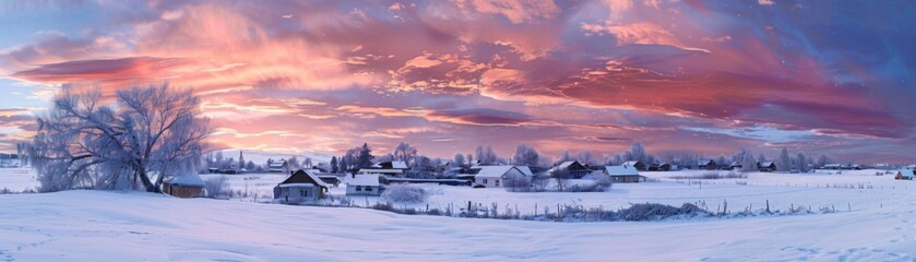 Cold morning sky streaked with pink and orange above a snowy village.