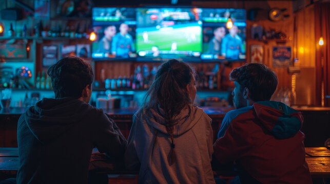 Group of Soccer Fans Watching a Live Football Match in Sports Bar. People Standing in Front of TV, Cheering for Their Team. Player Scores Goal and Crowd Celebrate Winning the Championship.