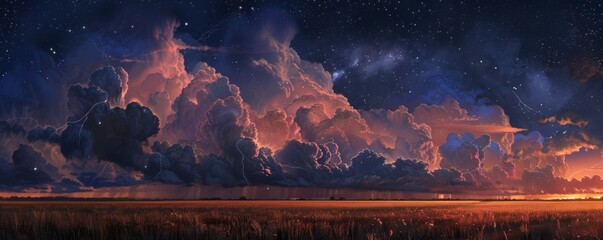Distant thunderstorm under a starlit sky