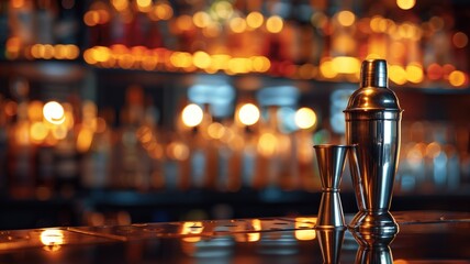 A cocktail shaker and jigger are placed on a shiny bar counter with blurred array of liquor bottles in the background