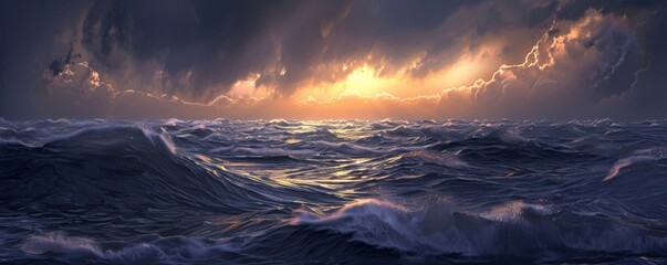 Dramatic play of light and shadow in the sky above a stormy sea - obrazy, fototapety, plakaty