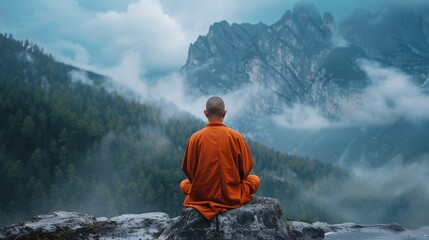 Monk on the top of mountain, peace of mind, wallpaper