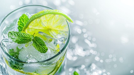 A close-up of a refreshing mojito cocktail with lime, mint, and ice