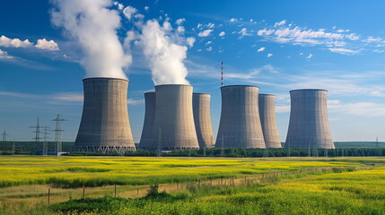 Industrial Power Plant, Massive Cooling Towers Emitting Steam Against Blue Sky