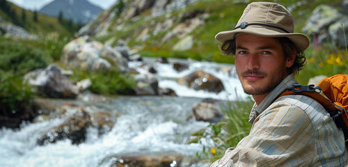 A hiker taking a break beside a rushing stream, his eyes meeting the viewer's with quiet intensity