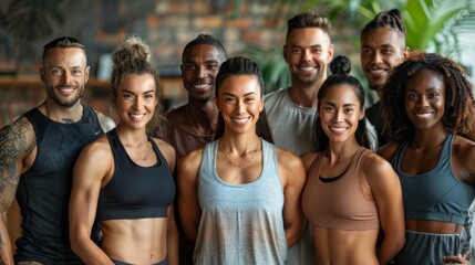 Obraz premium Fitness, gym and selfie of group of friends excited for workout, exercise goals and training together. Sports club, diversity and portrait of happy people smile for motivation, yoga and pilates class