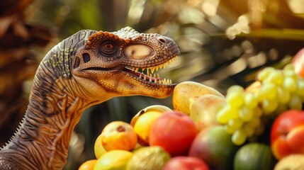 3D render of Tyrannosaurus rex dinosaur with many fruits