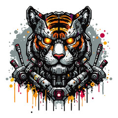 Obraz premium A tiger robot in an armored coat with flame eyes with colorful paint splashes