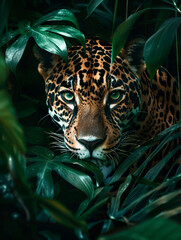 the mysteries of a Nighttime Jungle, With Jaguars prowl through the undergrowth - obrazy, fototapety, plakaty