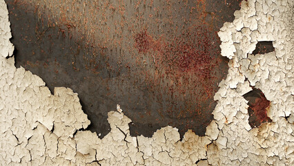 Rusted white painted metal wall with sunlight. Rusty metal background with streaks of rust. Rust...