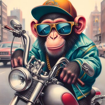 Hip Hop Monkey Riding A Motorcycle With Sunglasses.
