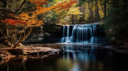Fototapeta na wymiar Tranquil waterfall with vibrant fall foliage in scenic view