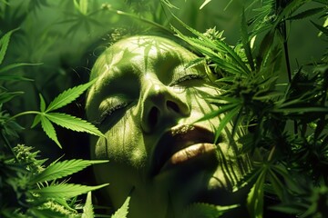 A woman with her eyes closed, adorned with marijuana leaves on her face, embodying the essence of nature and relaxation.