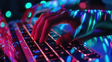 Close up  typing on computer keyboard with neon lights
