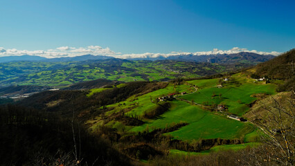 Fioritura primaverile delle colline del basso Appennino Reggiano. Reggio Emilia, Emilia Romagna, Italia