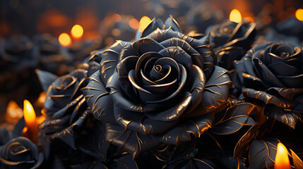 Roses noires et dorées. Matière et texture. Arrière-plan de flou. Fleurs, rose, plantes, nature. Flammes, feu. Pour conception et création graphique. 