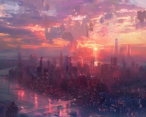 Gentle hues of dawn caress the city - obrazy, fototapety, plakaty
