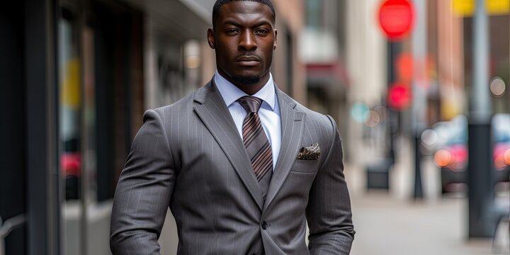 A dapper African American man in a sharp suit stands amidst the hustle and bustle of the city street.