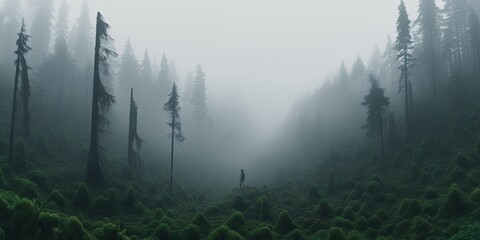 A dense, fog-shrouded forest cloaked in darkness. - obrazy, fototapety, plakaty