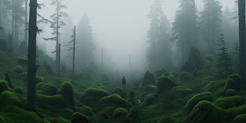 A dense, fog-shrouded forest cloaked in darkness. - obrazy, fototapety, plakaty