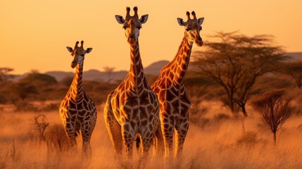 Giraffe group in golden light of savanna close up - obrazy, fototapety, plakaty