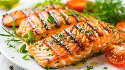 Grilled salmon with herbs on plate