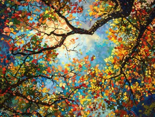 Glimpses of blue sky peek through a canopy of autumn leaves