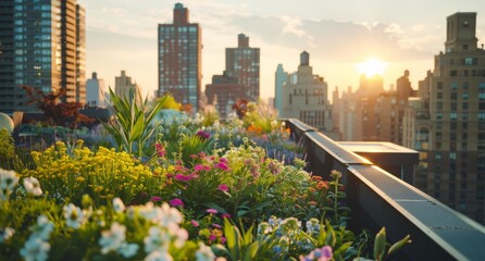 Vibrant urban garden on a rooftop, with a variety of plants and flowers against the backdrop of the city, symbolizing the reclaiming of urban spaces for nature. - obrazy, fototapety, plakaty