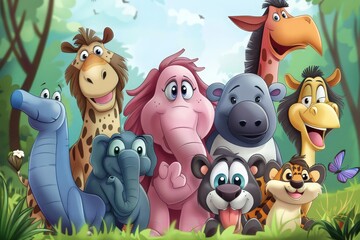 A diverse group of animated animals gather amidst lush trees in a magical forest setting.