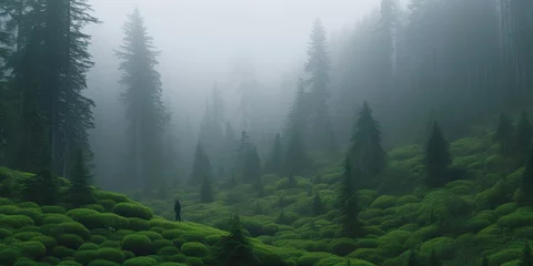 Fotobehang The forest is veiled in thick fog, casting an eerie atmosphere. © Murda