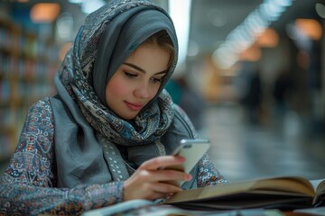Fototapeta na wymiar A woman in a hijab intently uses a smartphone and reads a book in a library showing studious focus