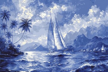 Hand-drawn summer sailboat pattern with palm trees in modern EPS10,Great for fashion, fabric, web, wallpaper, wrapping, and all prints on monotone blue ocean background.