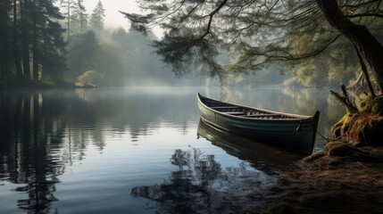 Fototapeta premium Vintage rowboat on tranquil lake with reflections