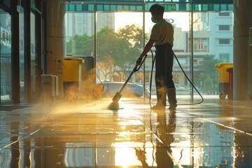 A man energetically mops the floor, creating intricate patterns and swirls with his movements.