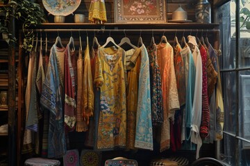 A room filled with an array of colorful clothes hanging elegantly on a rack, creating a vibrant and lively ambiance.