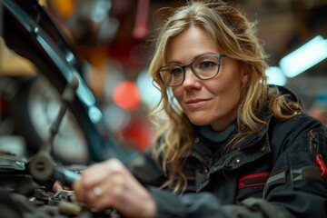 Fototapeta na wymiar A focused woman in eyeglasses repairs a car engine in a well-lit garage setting