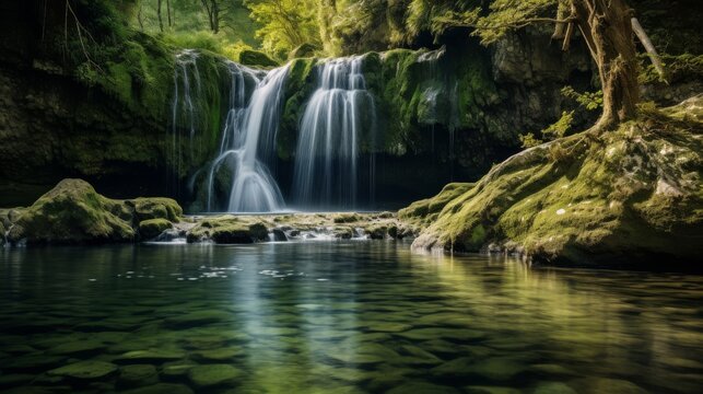 Remote waterfall with beautiful clear waters and sunlight