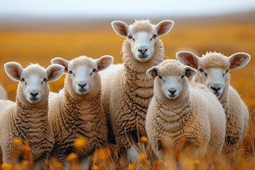Sheep cluster attentively in a field of gold, highlighting concepts of unity, nature, and...