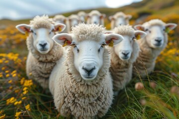 Obraz premium A curious sheep looks on among a bright field of yellow wildflowers, suggesting curiosity and nature