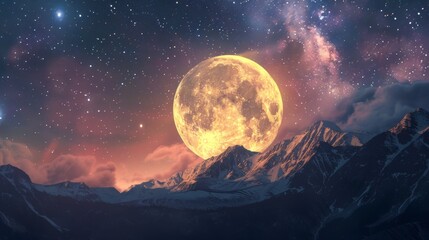 Luminous full moon rising behind silhouetted mountains - obrazy, fototapety, plakaty